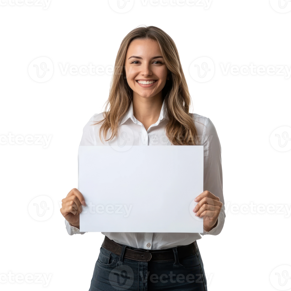 Smiling young businesswoman hold and show white advertising board, standing front view isolate on transparent background png