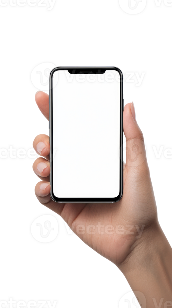Woman long hand holding smart phone with white screen isolate on transparent background png