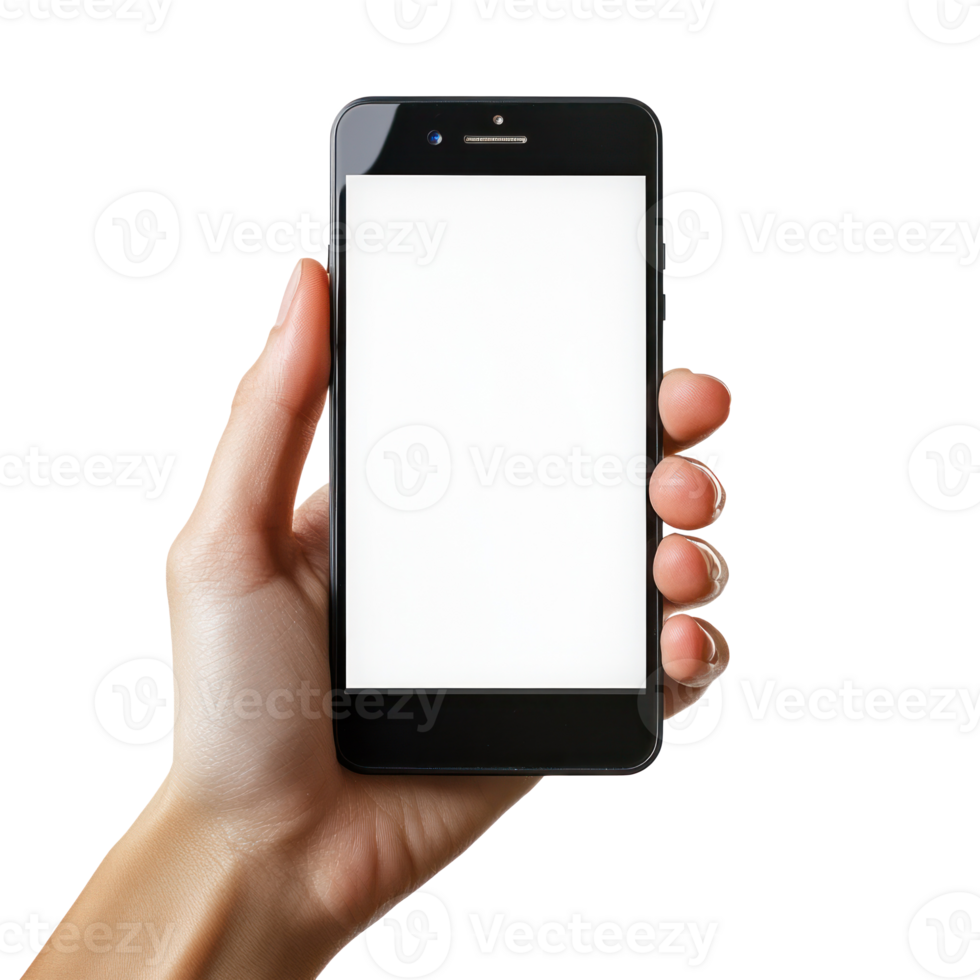 Woman hand holding smart phone with blank screen isolate on transparent background png
