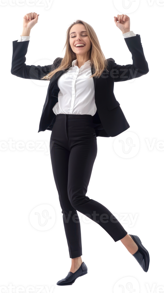 Happy business woman dancing, full length front view isolate on transparent background png
