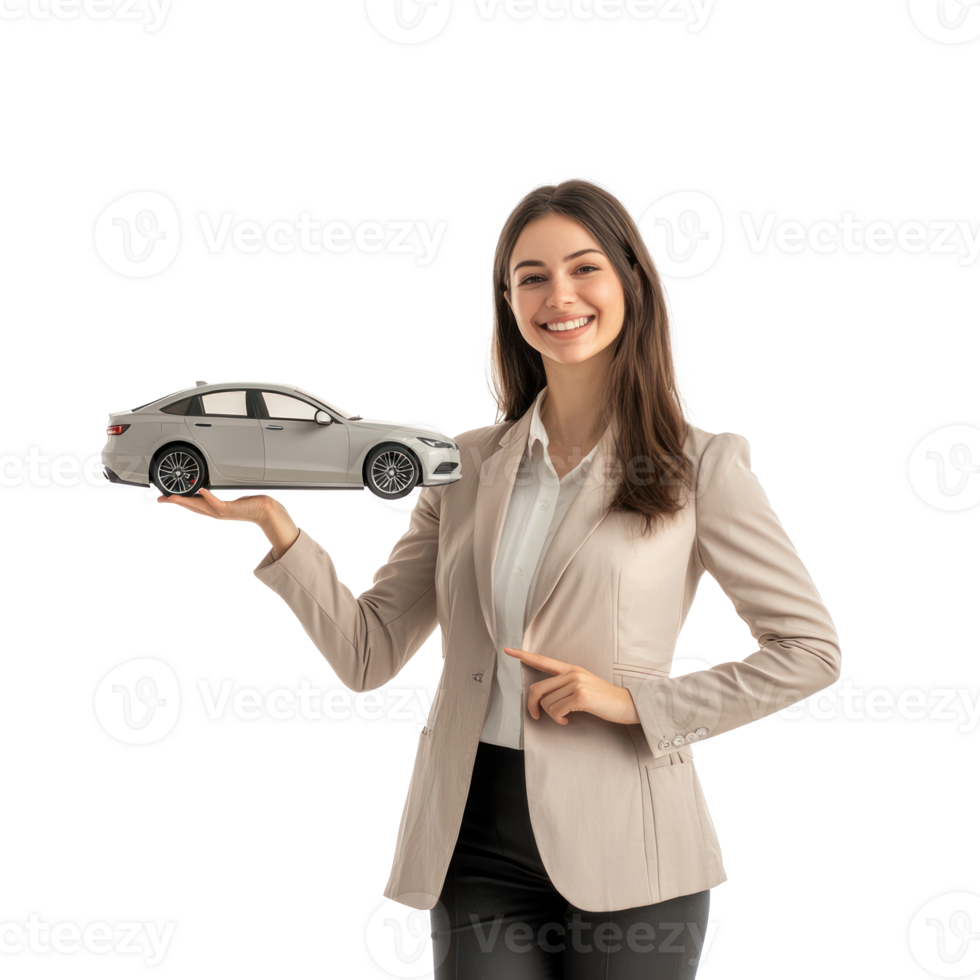 Smiling young businesswoman holding car model with hand pointing at empty space, standing side view isolate on transparent background png