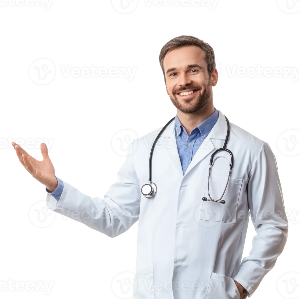 Happy smiling male doctor with hand present something empty space, standing isolate on transparent background png