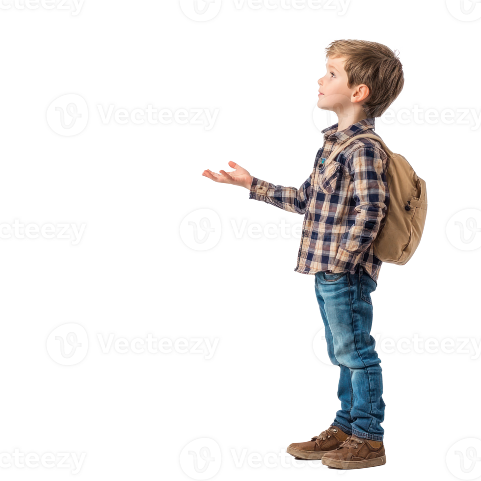 Young little boy student hand present something at copy space, standing side view isolate on transparent background png