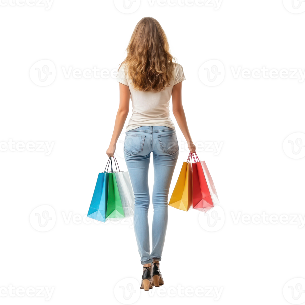 Back view of woman with shopping bags, full length isolate on transparent background png