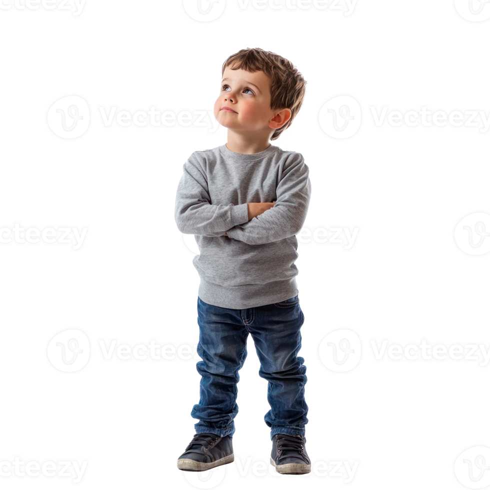 Little boy thinking and looking at empty space, standing front view isolate on transparent background png