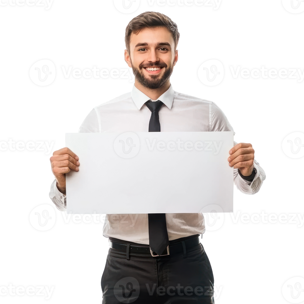 Smiling young businessman hold and show white advertising board, standing isolate on transparent background png