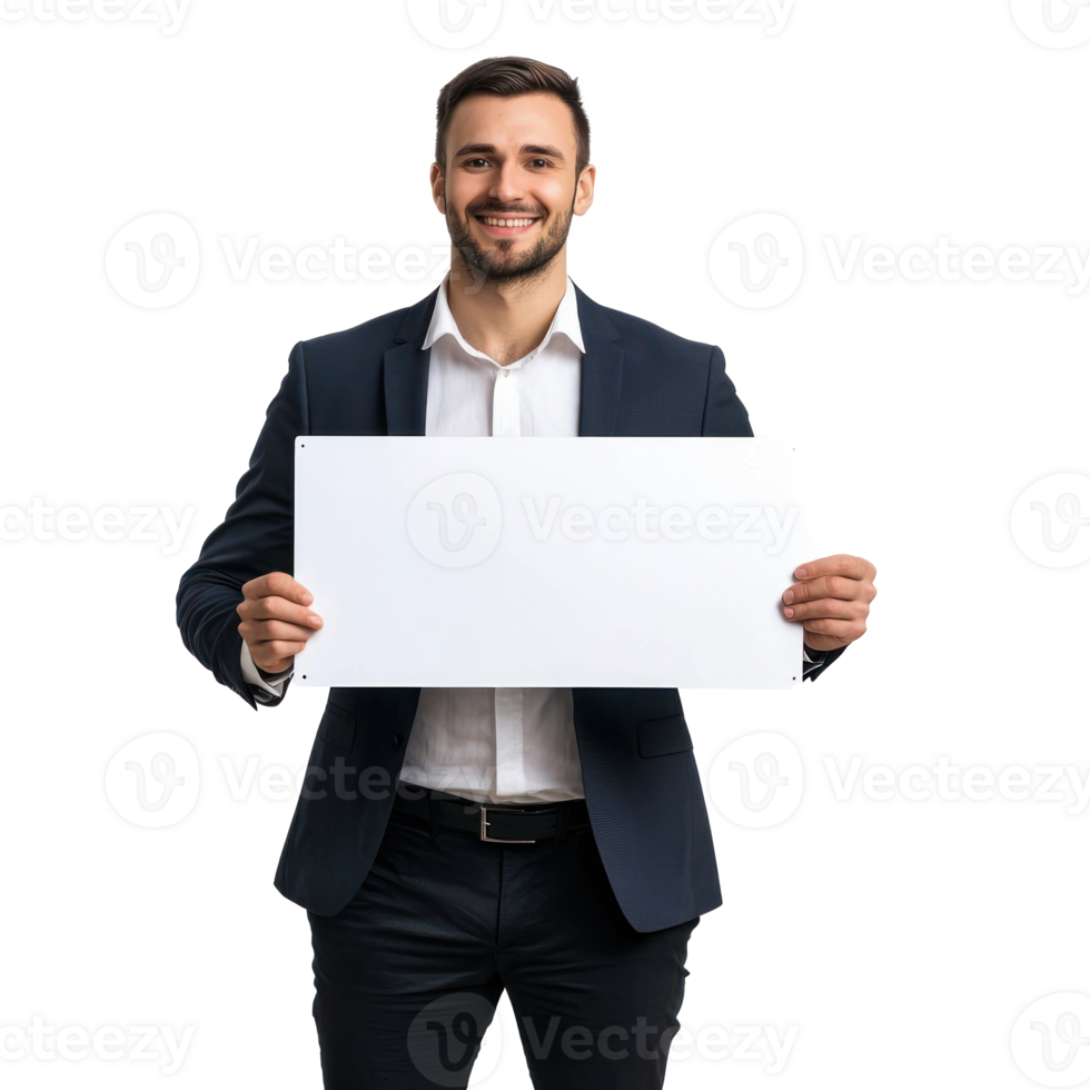 Smiling young businessman hold and show white advertising board, standing front view isolate on transparent background png