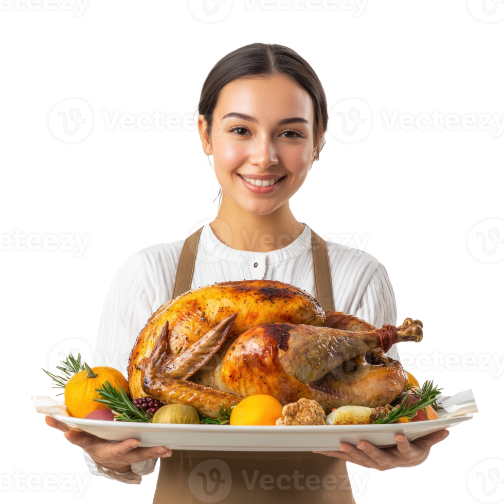 Smiling woman holding a tray with roasted turkey for thanksgiving, standing front view isolate on transparent background png