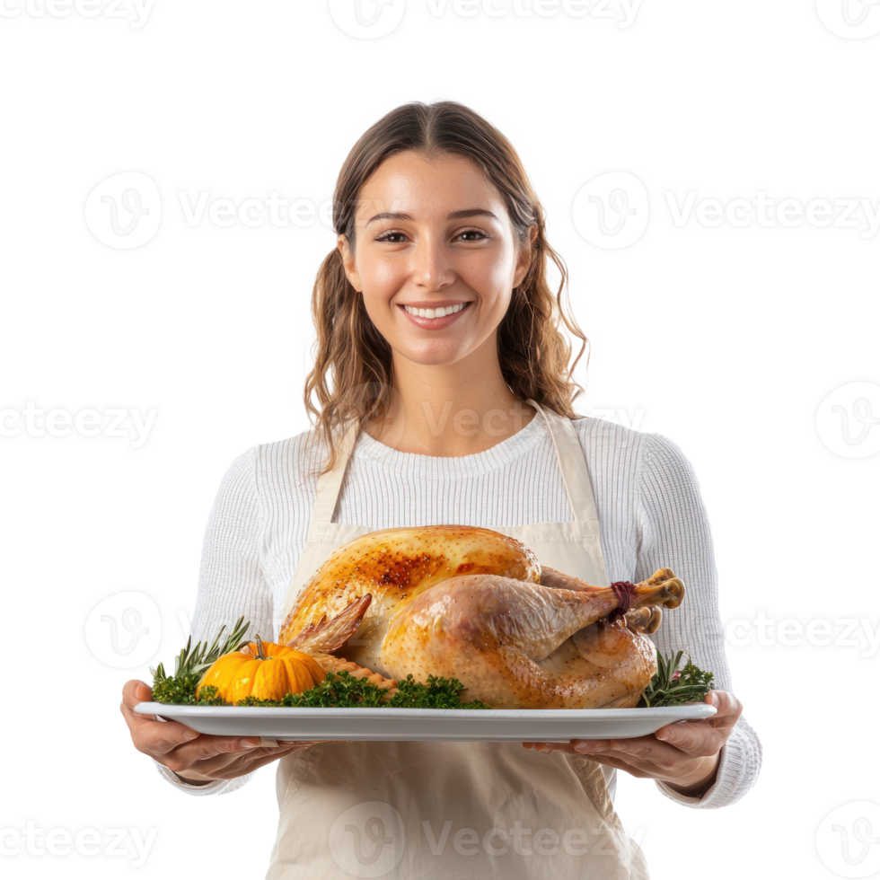 Smiling woman holding a tray with roasted turkey for thanksgiving, standing front view isolate on transparent background png
