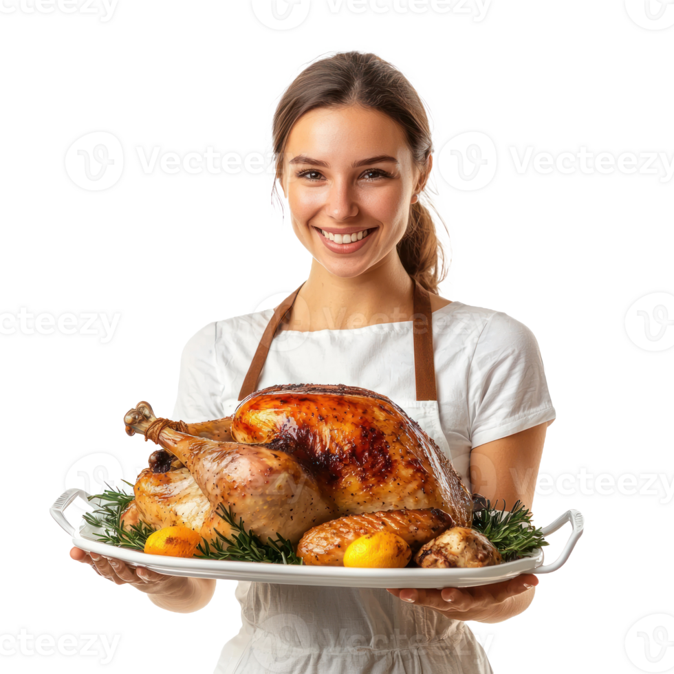 Smiling woman holding a tray with roasted turkey front view isolate on transparent background png