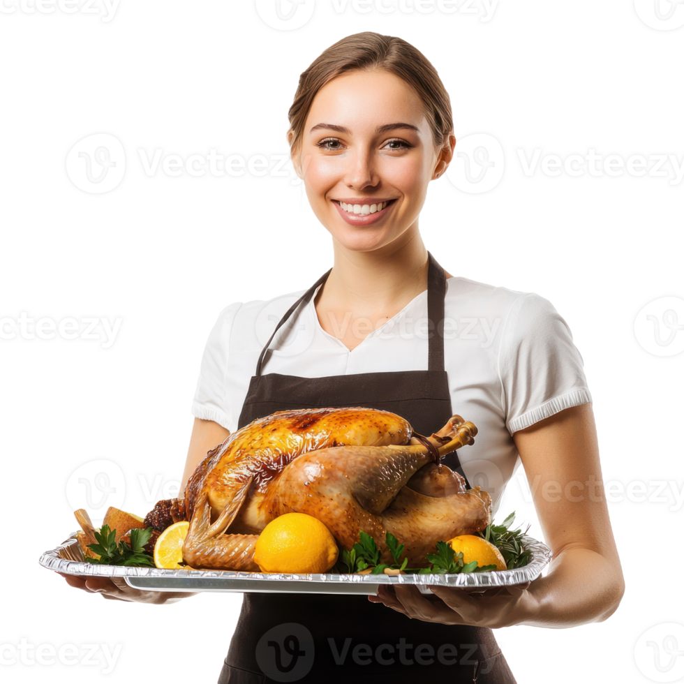 Smiling woman holding a tray with roasted turkey for thanksgiving, standing isolate on transparent background png