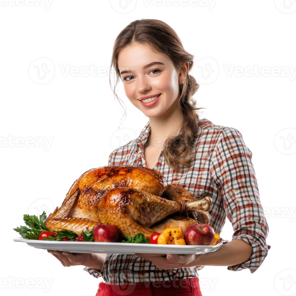 a woman holding a turkey on a platter isolate on white bcakground png