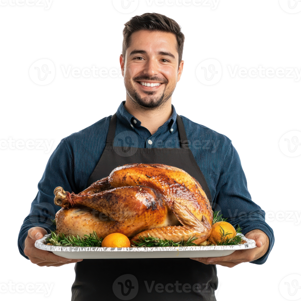 Smiling man holding a tray with roasted turkey for thanksgiving, standing front view isolate on transparent background png