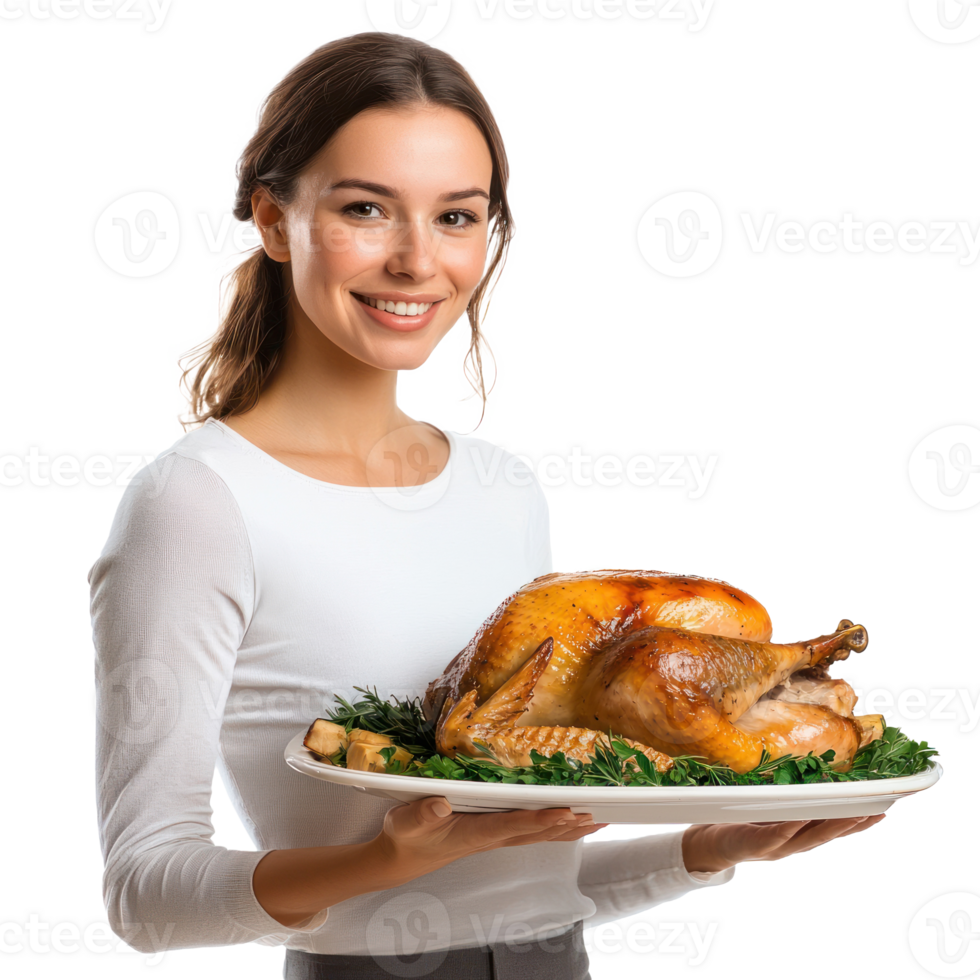Smiling woman holding a tray with roasted turkey side view isolate on transparent background png