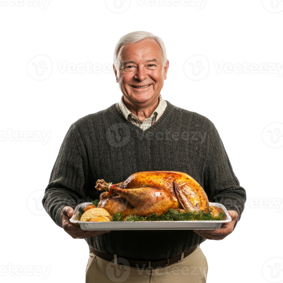 Smiling senior man holding a tray with roasted turkey for thanksgiving, standing front view isolate on transparent background png