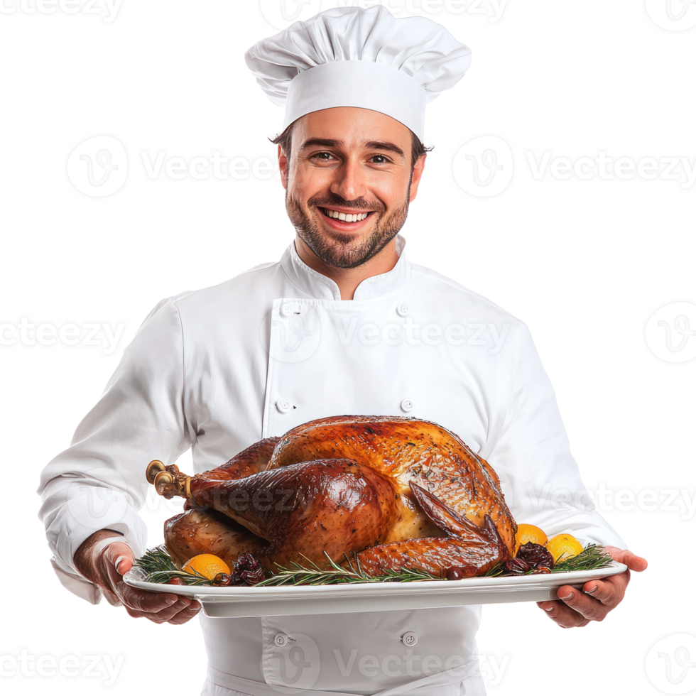 Smiling chef holding a tray with roasted turkey for thanksgiving, standing isolate on transparent background png