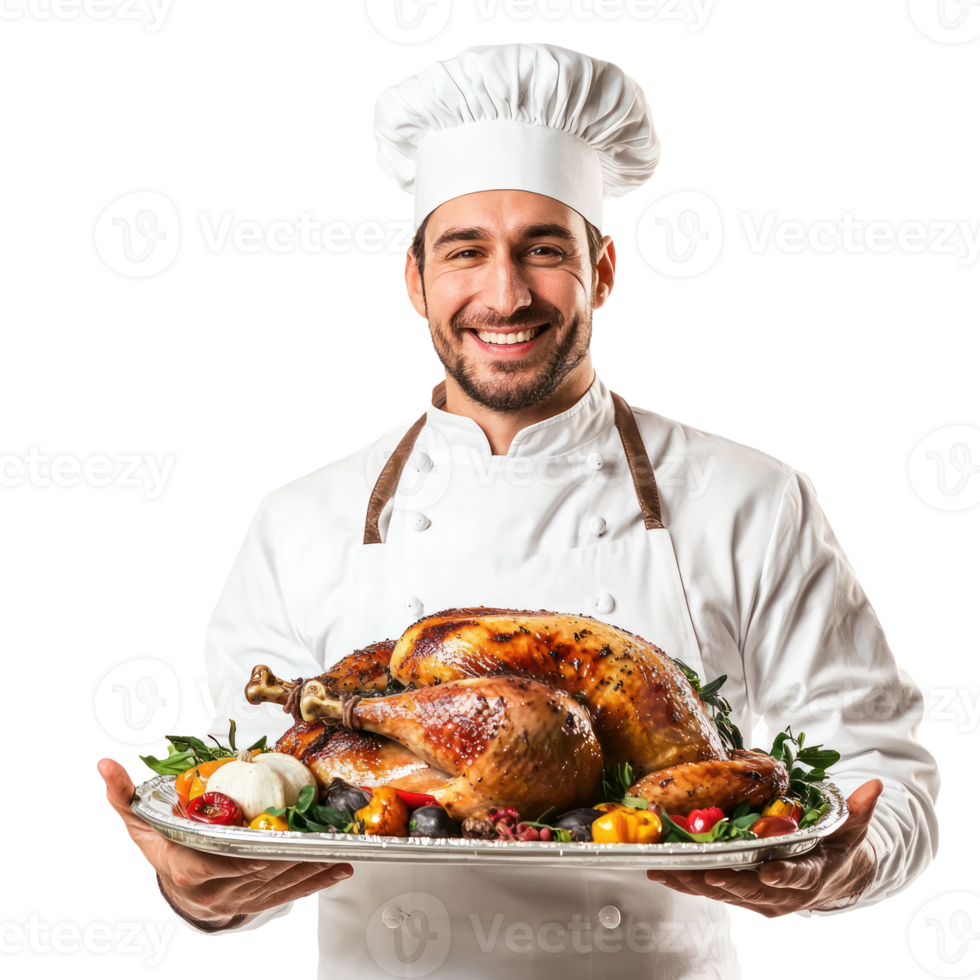 Smiling chef holding a tray with roasted turkey for thanksgiving, standing isolate on transparent background png