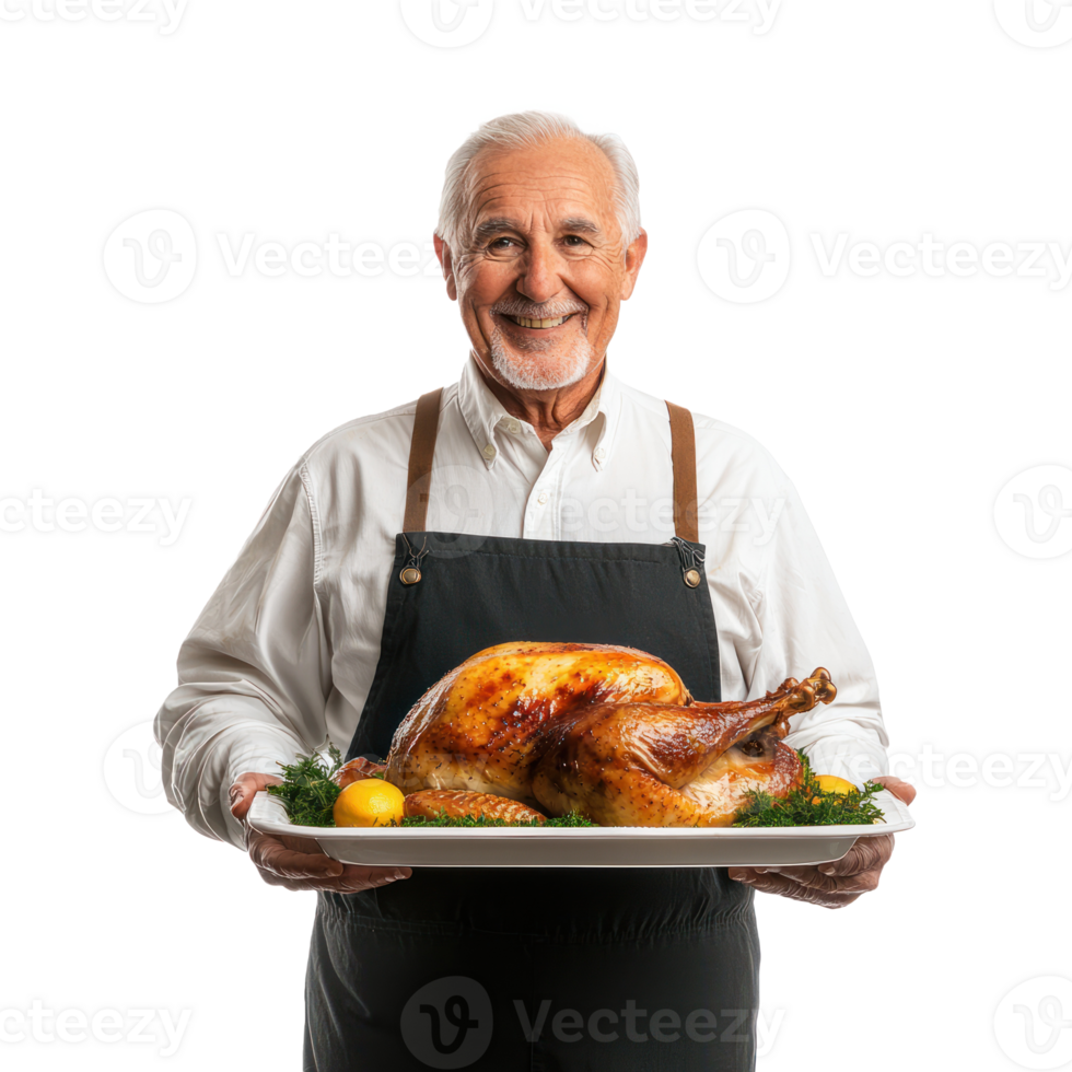 Smiling senior man holding a tray with roasted turkey for thanksgiving, standing front view isolate on transparent background png