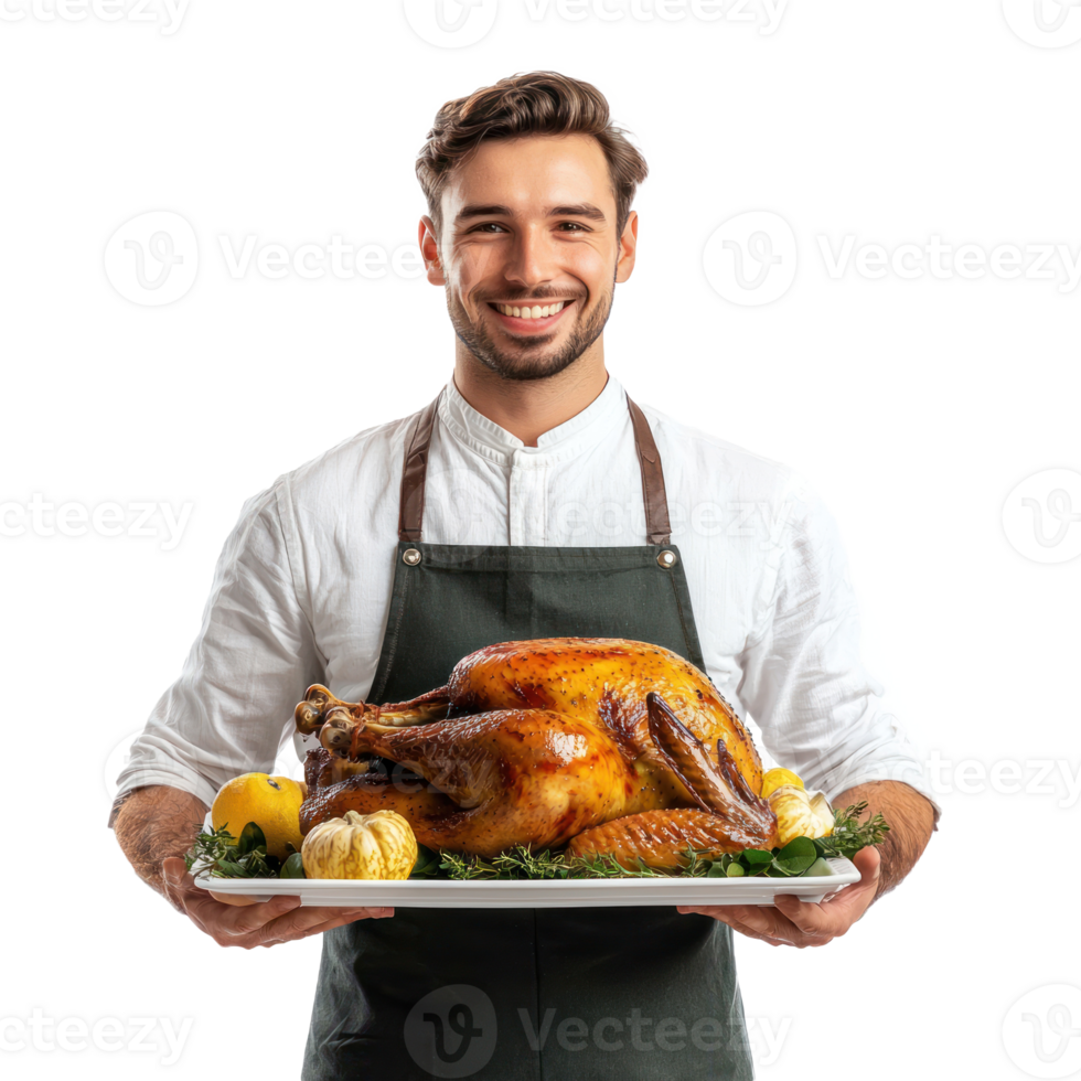 Smiling man holding a tray with roasted turkey for thanksgiving, standing front view isolate on transparent background png