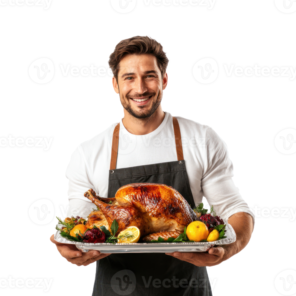 Smiling man holding a tray with roasted turkey for thanksgiving, standing isolate on transparent background png
