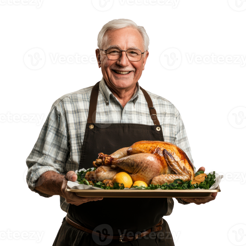 Smiling senior man holding a tray with roasted turkey for thanksgiving, standing front view isolate on transparent background png
