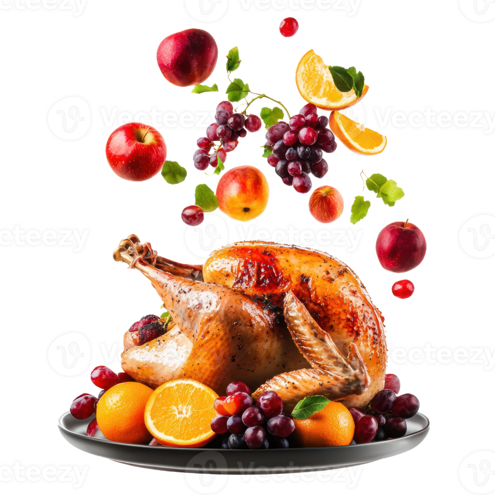 Roasted turkey with apples, grapes, orange and fruit falling in the air front view isolate on transparent background png