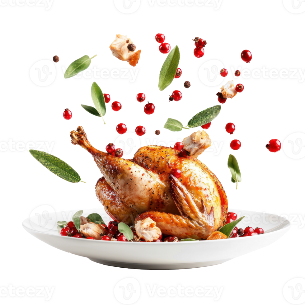 Roasted turkey garnished with red berries and sage leaves, falling in the air into plate isolate on transparent background png