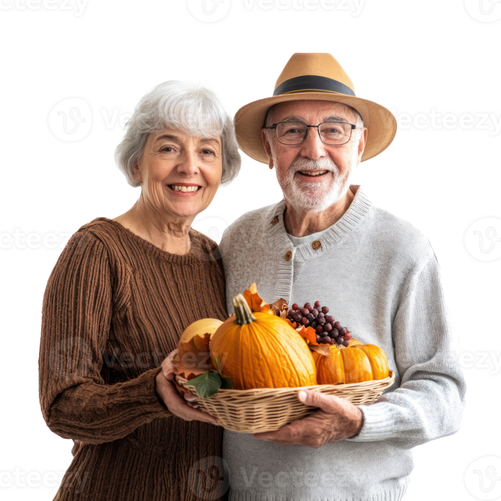 Happy senior couple celebrating thanksgiving, standing front view isolate on transparent background png