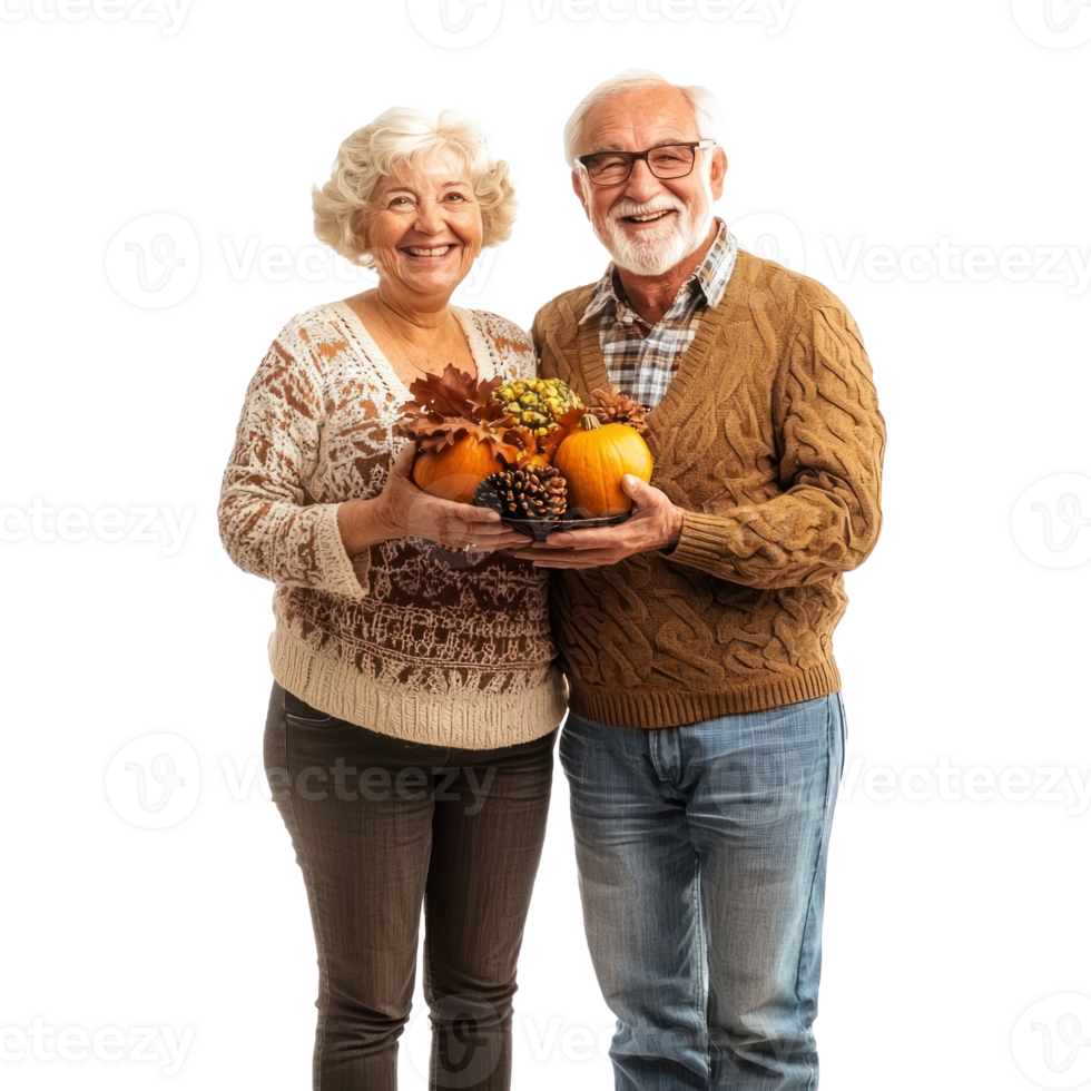 Happy senior couple celebrating thanksgiving, standing isolate on transparent background png