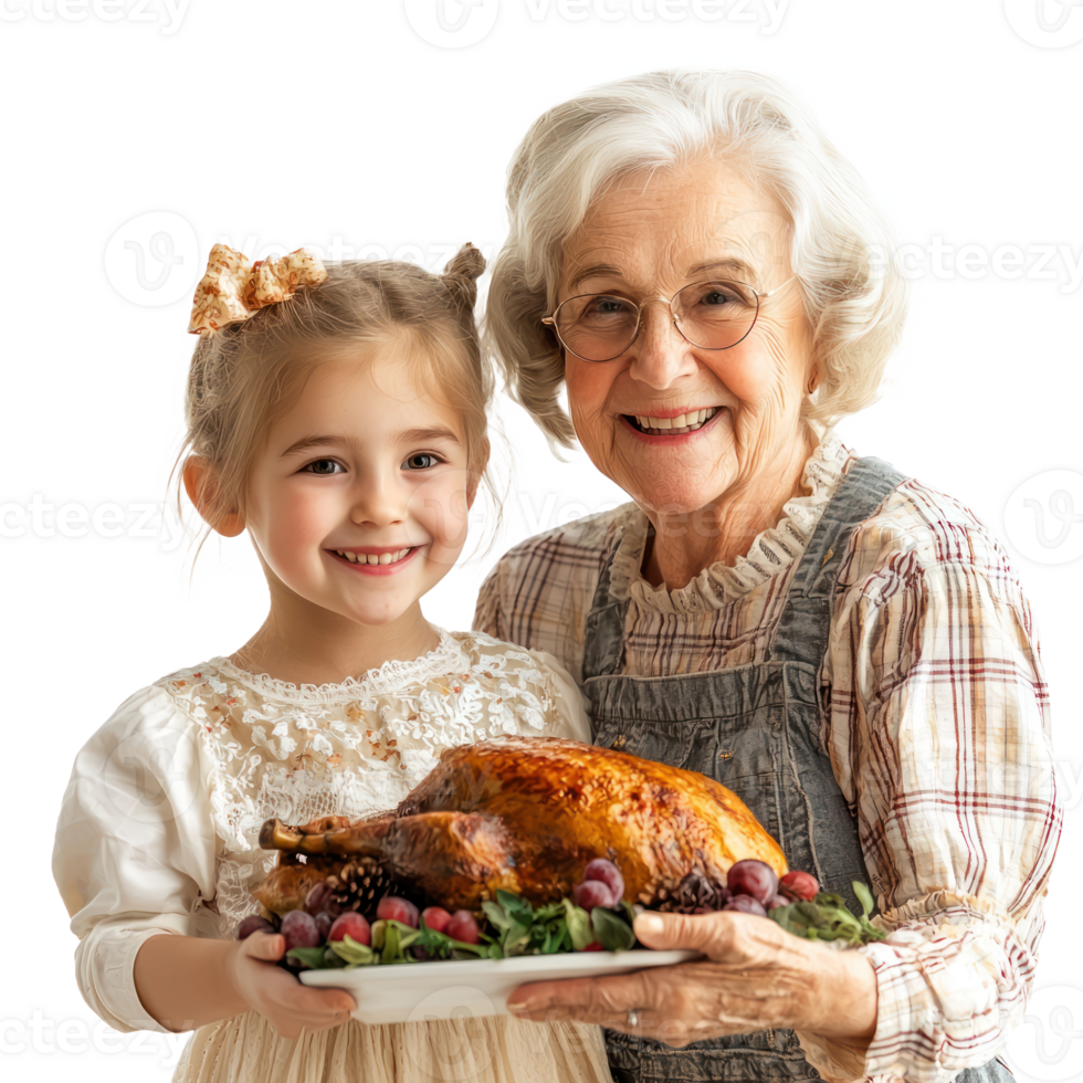 Happy grandmother and granddaughter celebrating thanksgiving, standing front view isolate on transparent background png