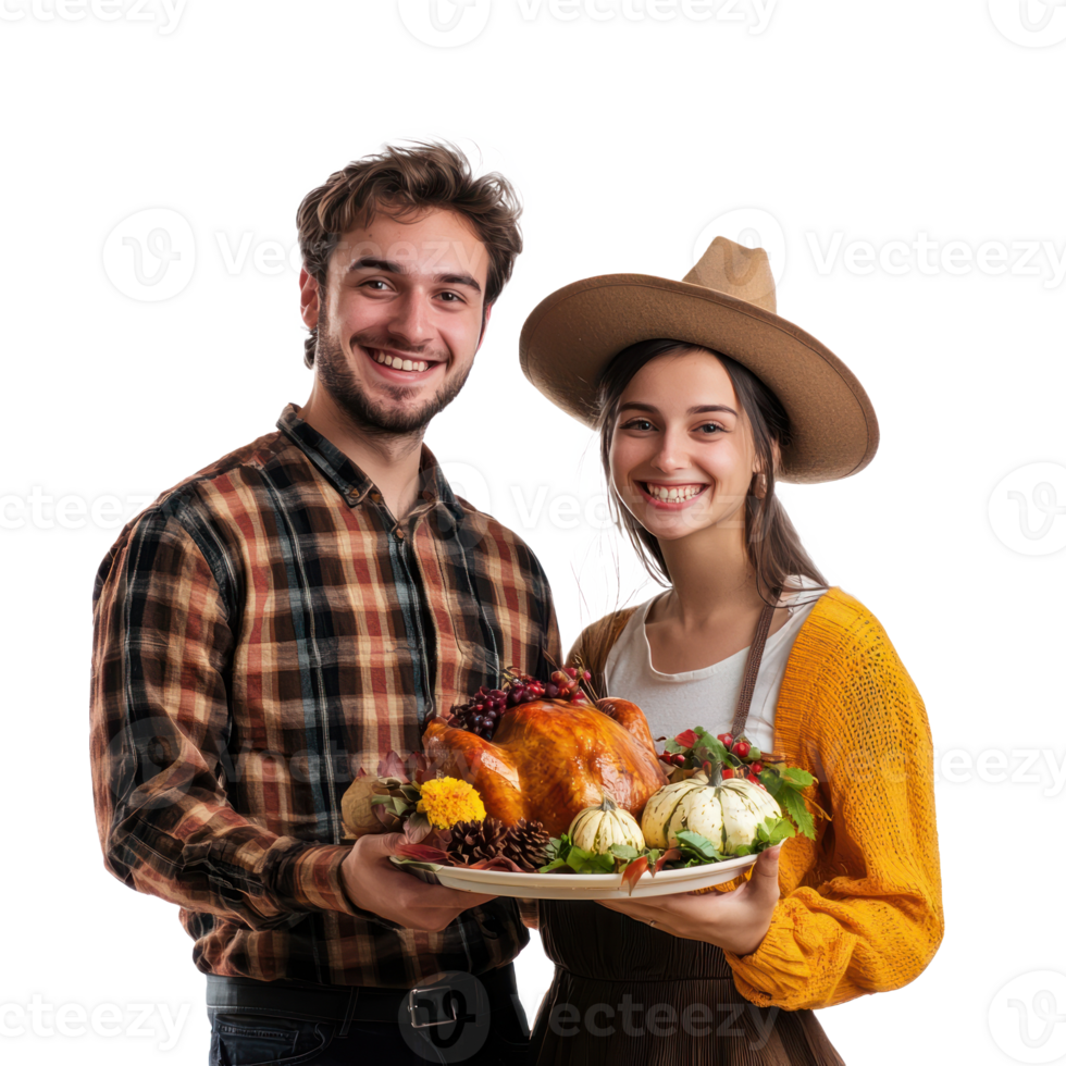 Happy couple celebrating thanksgiving, standing front view isolate on transparent background png