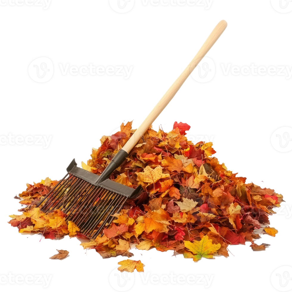 Rake and pile of colorful autumn leaves isolate on transparent background png