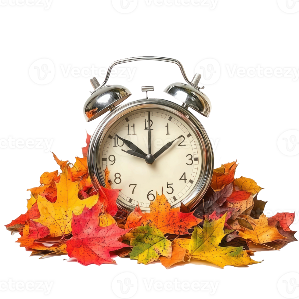 Alarm clock on colorful autumn leaves front view isolate on transparent background png