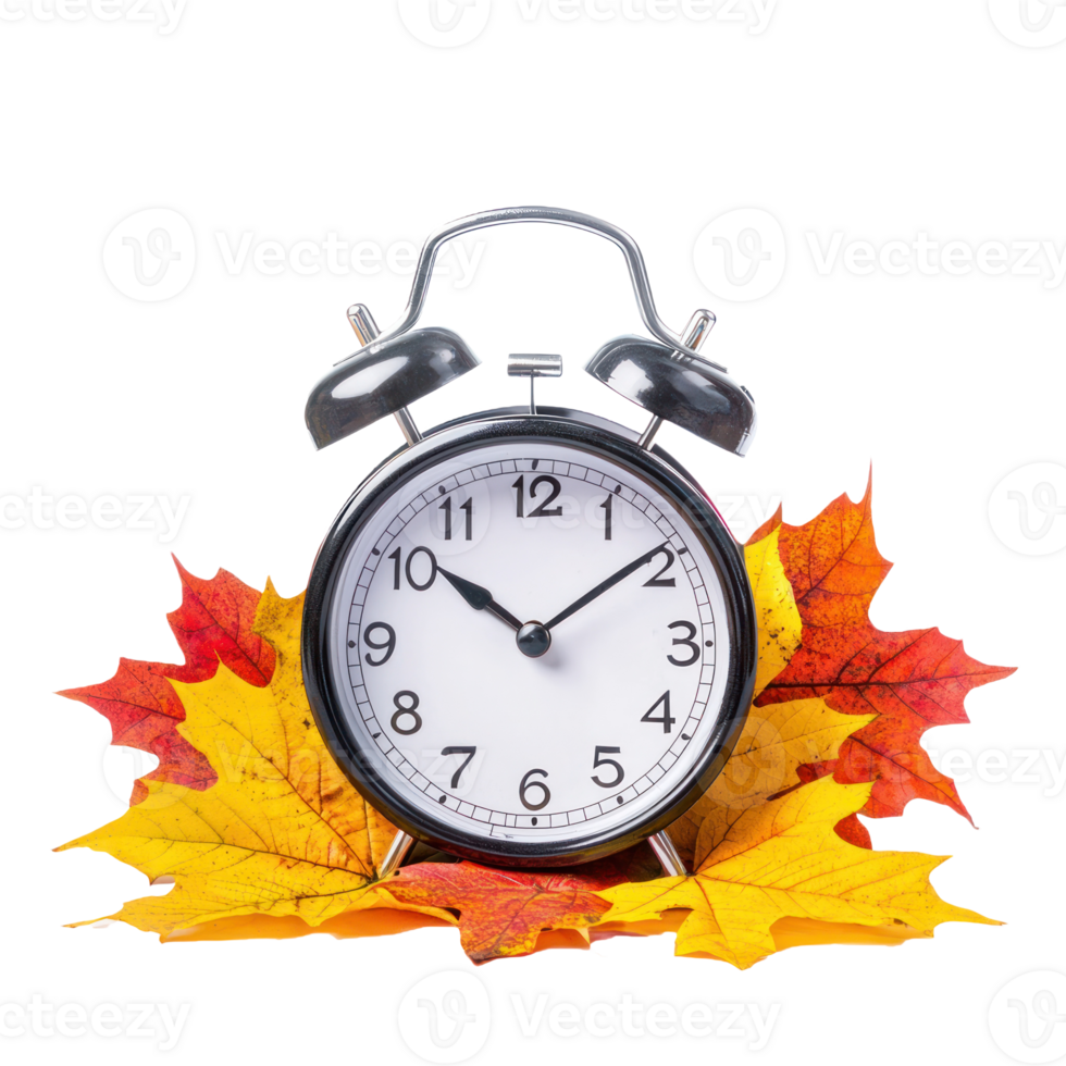 Alarm clock on colorful autumn leaves front view isolate on transparent background png