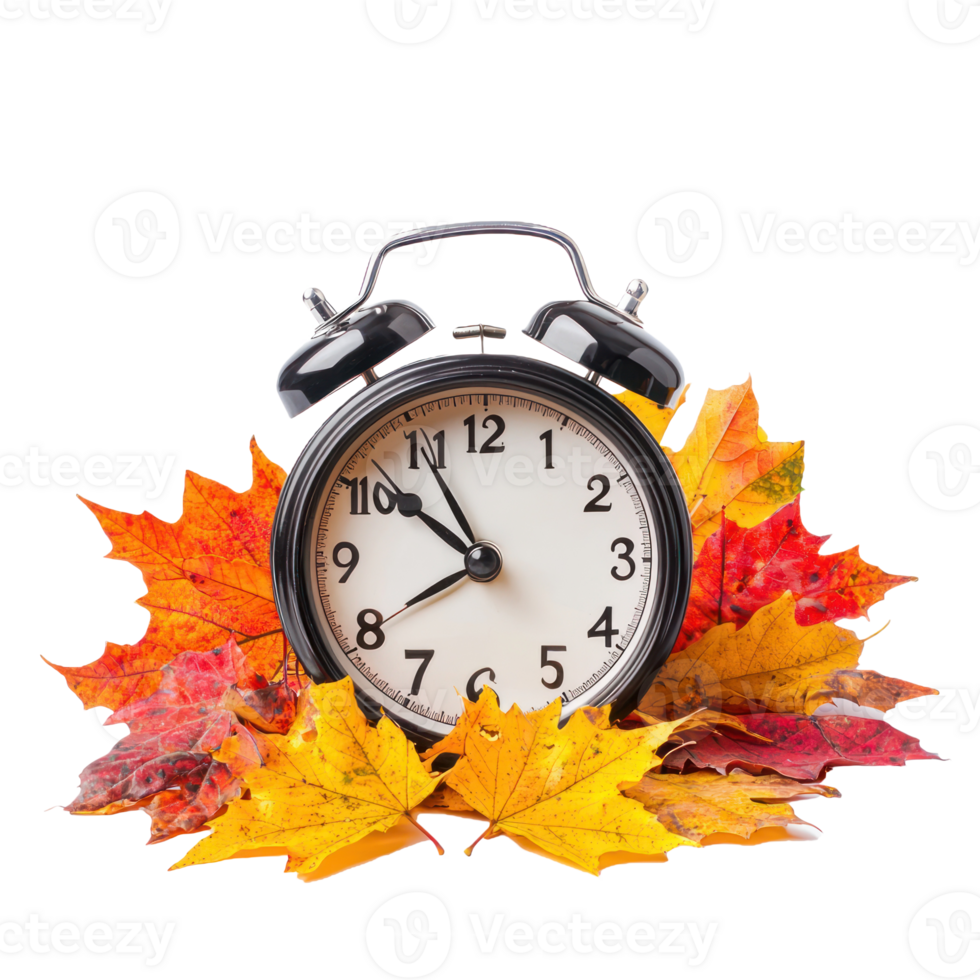 Alarm clock on colorful autumn leaves isolate on transparent background png