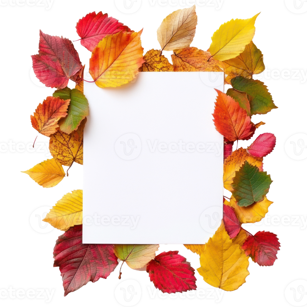 White blank paper on pile of colorful autumn leaves top view isolate on transparent background png