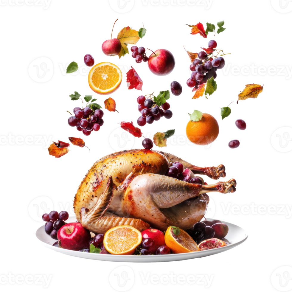 Roasted turkey with apples, grapes, orange and fruit falling in the air into plate isolate on transparent background png