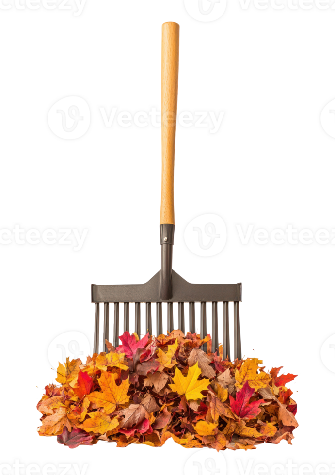 Rake and pile of colorful autumn leaves isolate on transparent background png