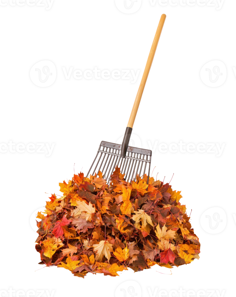 Rake and pile of colorful autumn leaves isolate on transparent background png