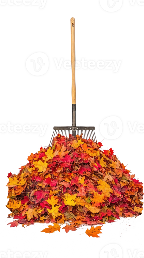 Rake and pile of colorful autumn leaves isolate on transparent background png