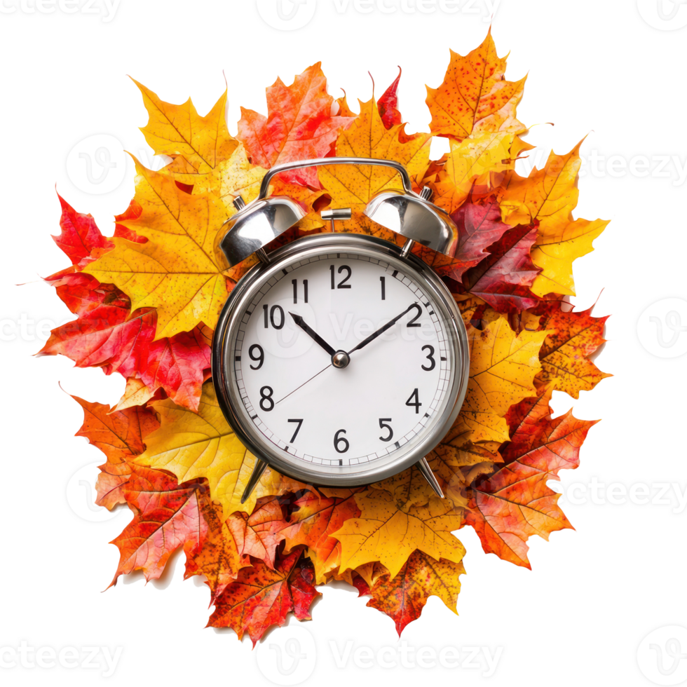 Alarm clock on pile of colorful autumn leaves top view isolate on transparent background png