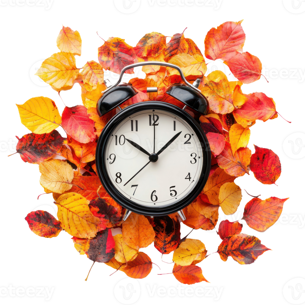 Alarm clock on pile of colorful autumn leaves top view isolate on transparent background png