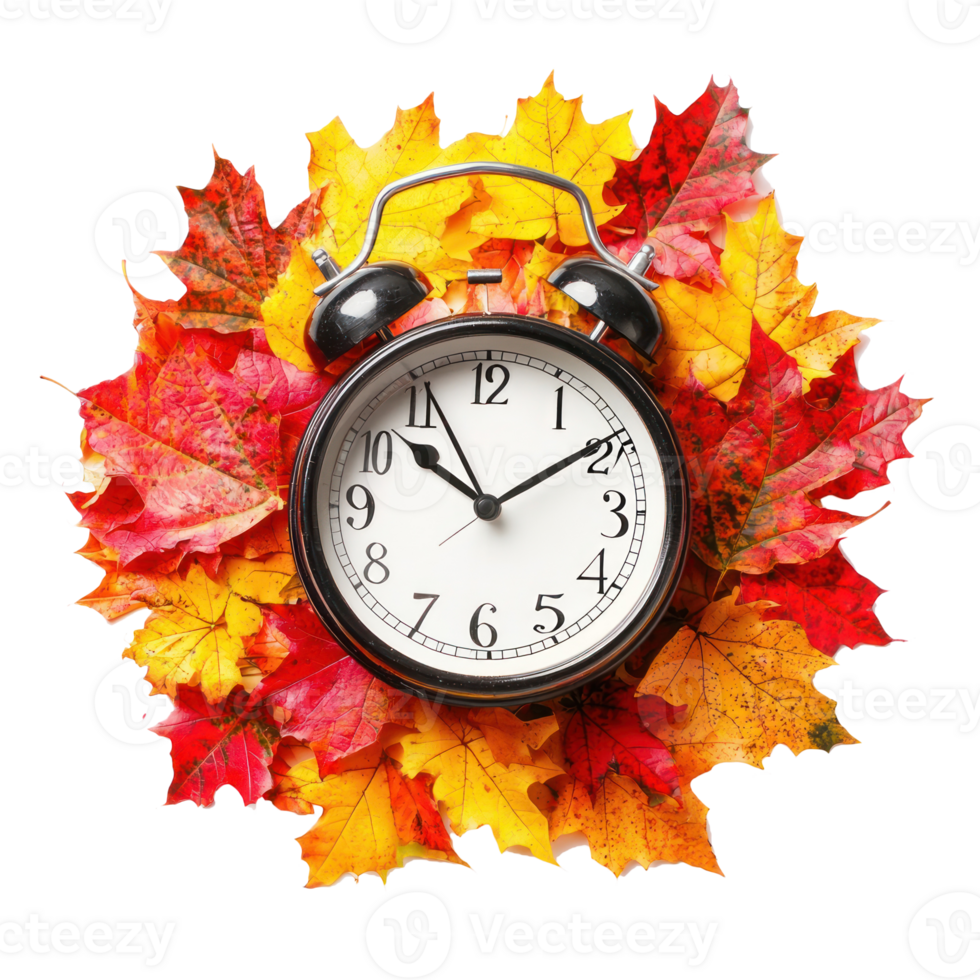 Alarm clock on colorful autumn leaves isolate on transparent background png