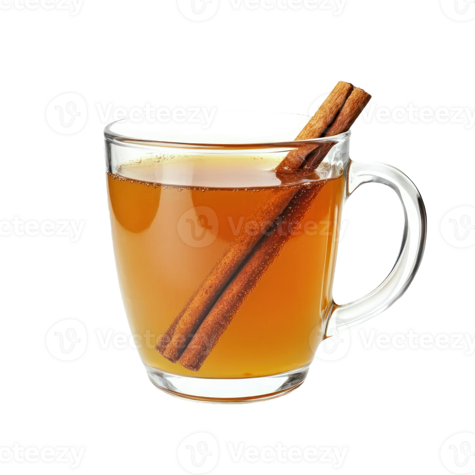 Glass mug of hot apple cider with a cinnamon stick front view isolate on transparent background png