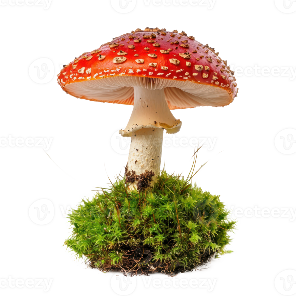 Red fly agarics in green moss front view isolate on transparent background png
