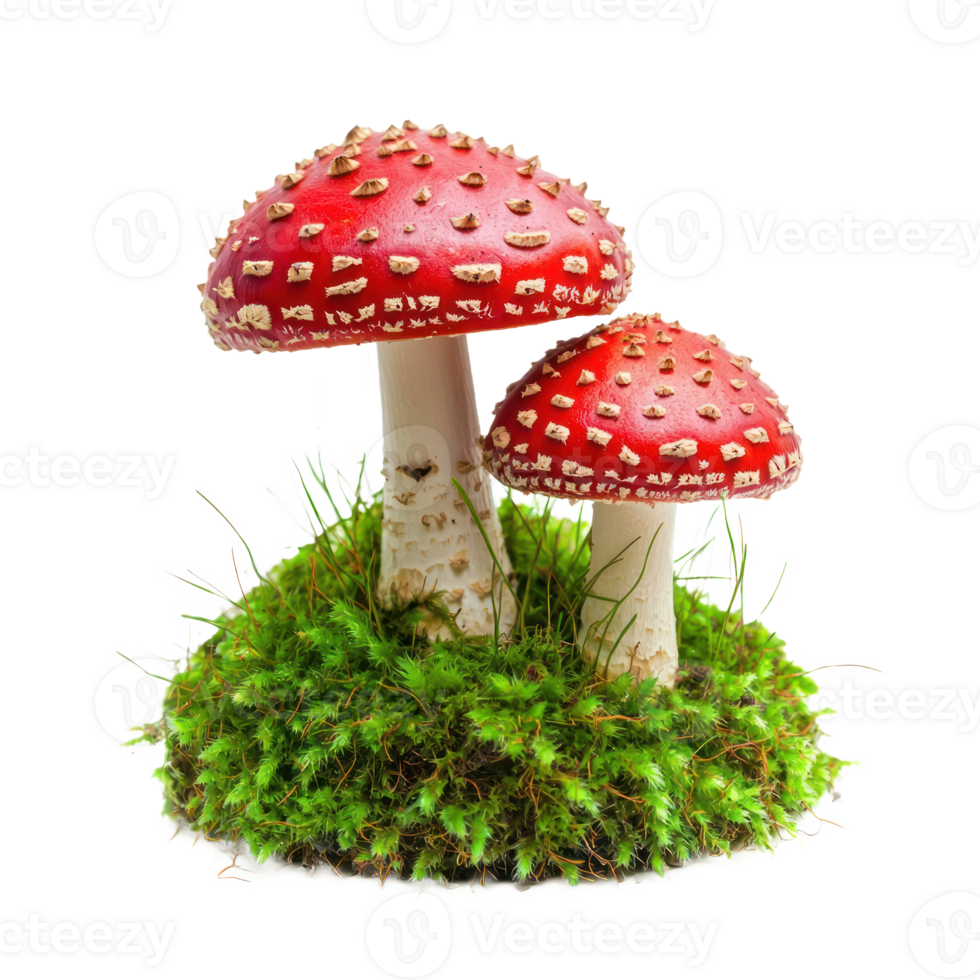 Red fly agarics in green moss front view isolate on transparent background png