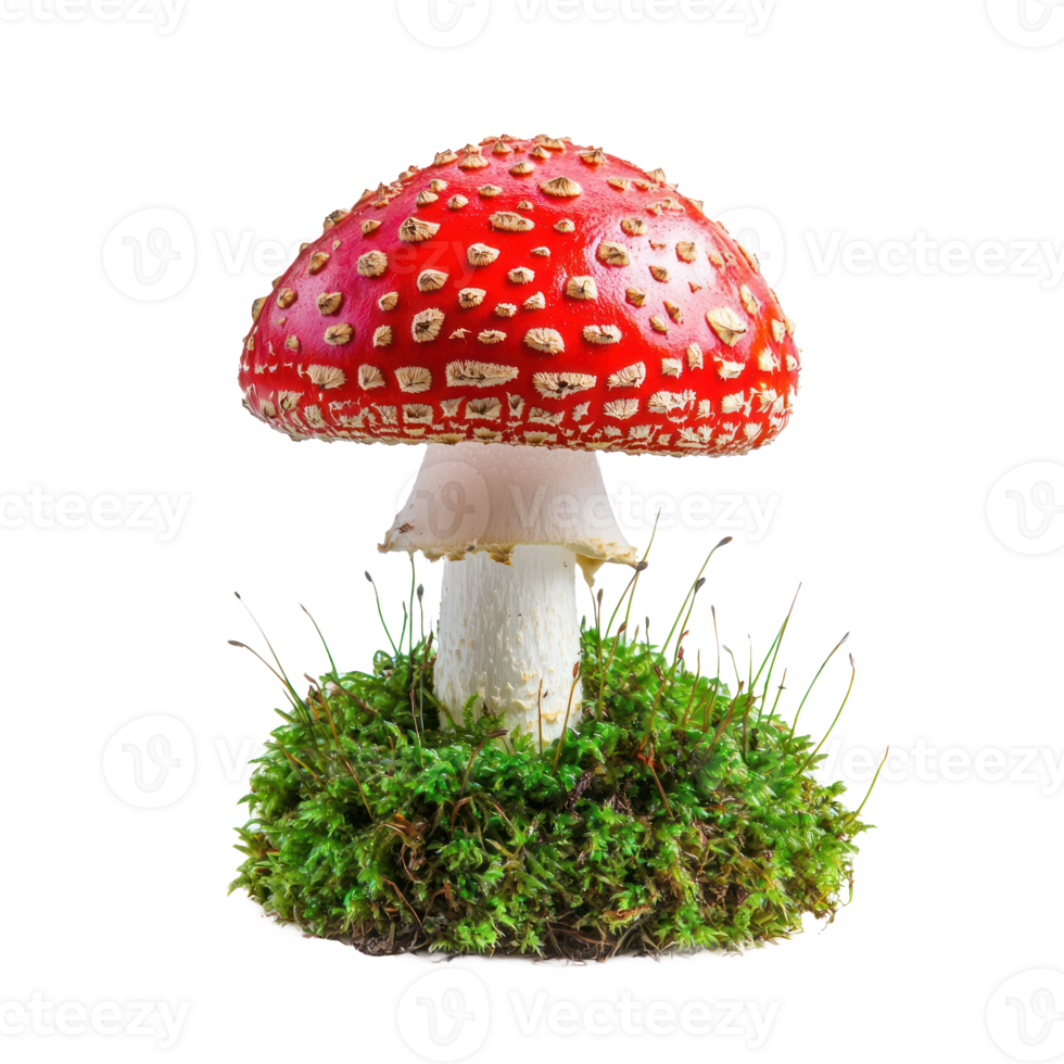 Red fly agarics in green moss front view isolate on transparent background png