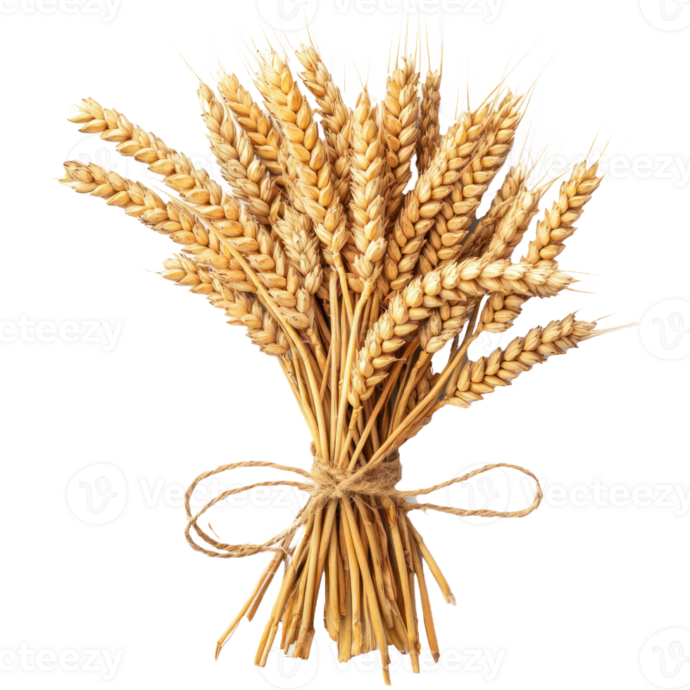 Closeup of Bunch of wheat ears top view isolate on transparent background png