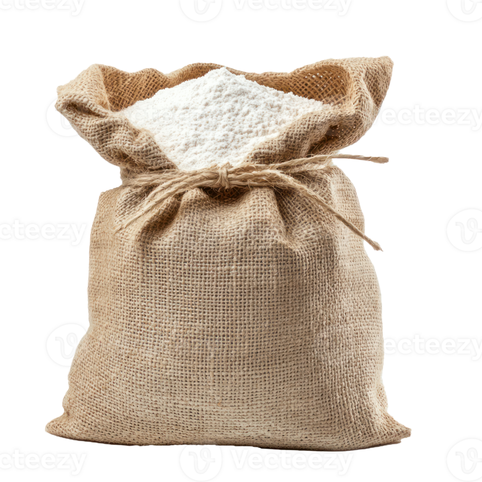 Wheat flour in sack bag front view isolate on transparent background png