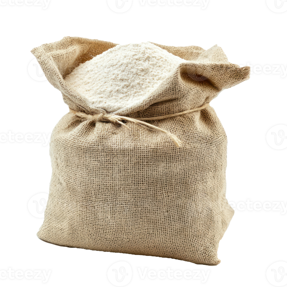 Wheat flour in sack bag front view isolate on transparent background png